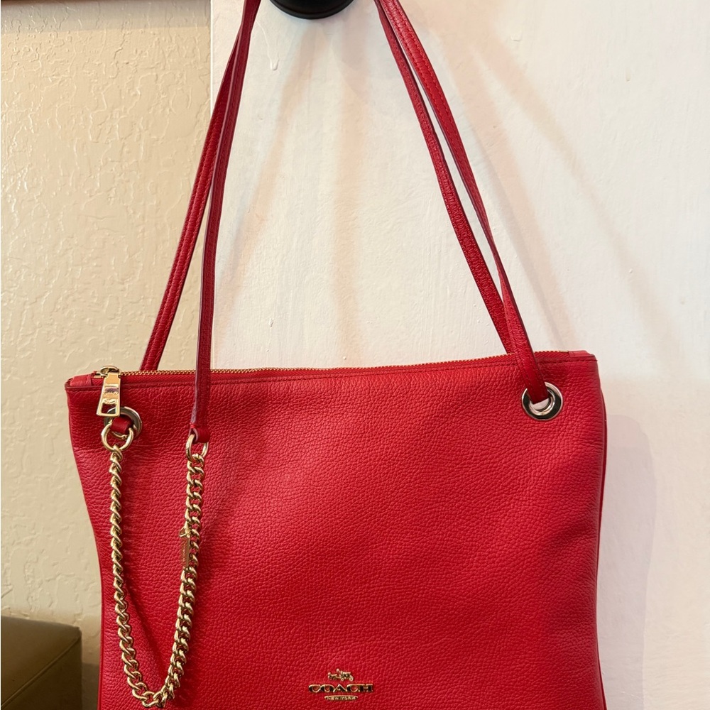 Coach Red Pebbled Leather Shoulder Tote with Gold Chain Accent